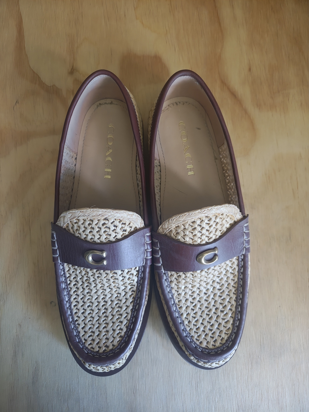 Coach Womens's Brown and Natural Woven Leather Loafers